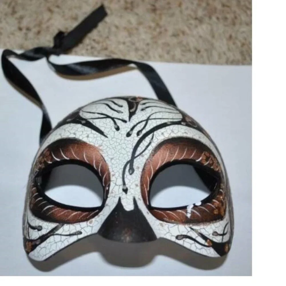 Masquerade Mask Halloween Mardi Gras White & Copper Half Cat Eye Ceramic Party